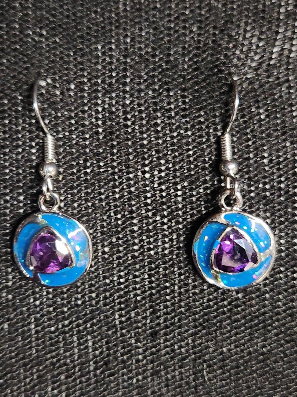 Blue & Purple Crystal Dangle Earrings Silver Tone